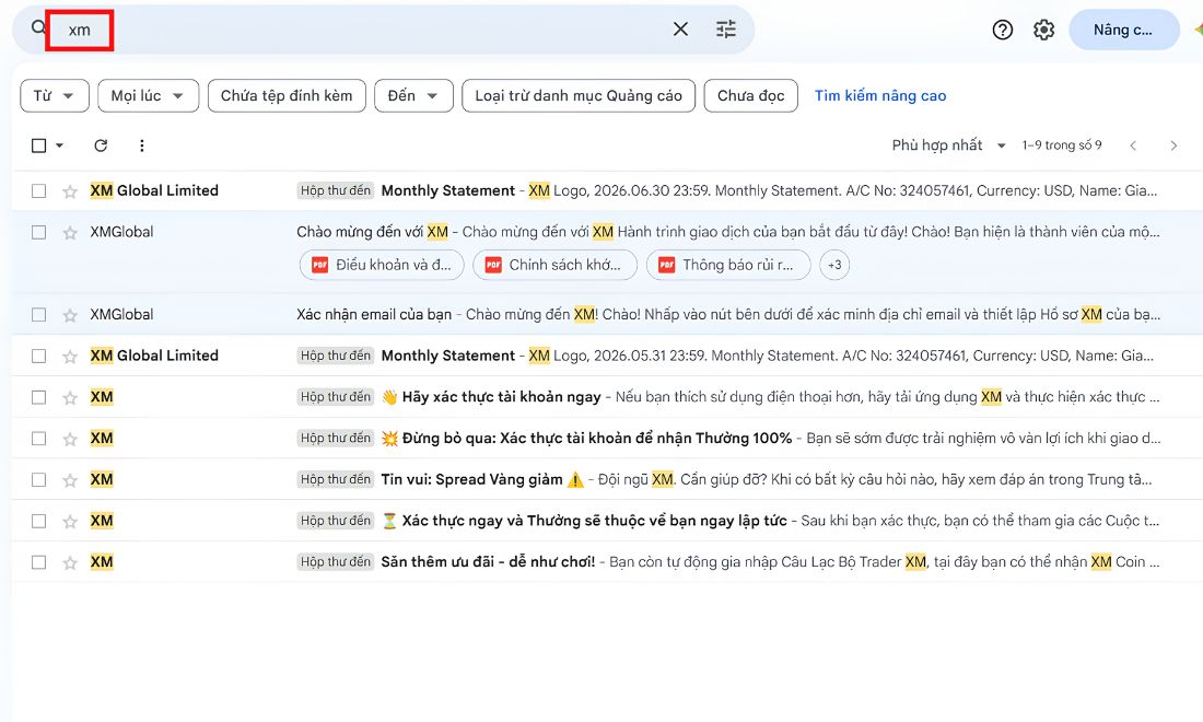 Tìm thư của XM trong hộp thư đến trên email 