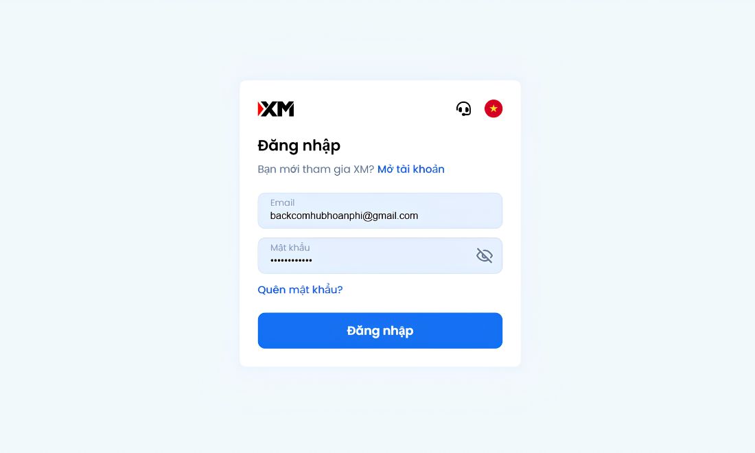 Điền thông tin đăng nhập để truy cập tài khoản XM đã tạo 