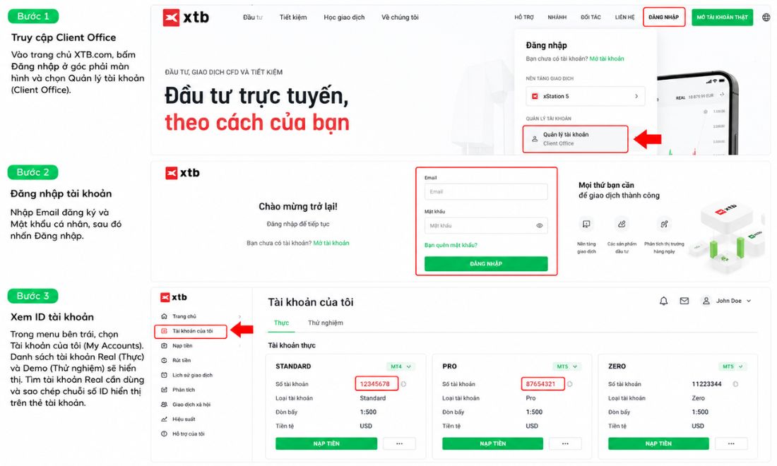 Kiểm tra mã ID sàn XTB trong trang Quản lý tài khoản (Client Office - Website XTB)
