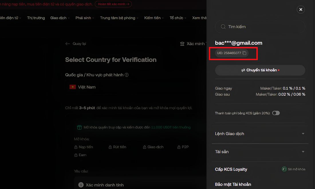Sao chép mã UID tài khoản Kucoin