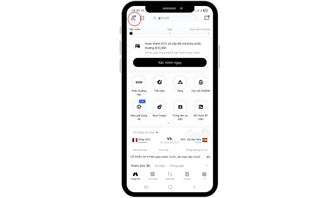 Nhấn vào icon hình người - Biểu tượng hồ sơ 