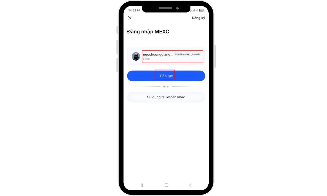 Chọn tài khoản Mexc muốn đăng nhập và nhấn "Tiếp tục" trên app 
