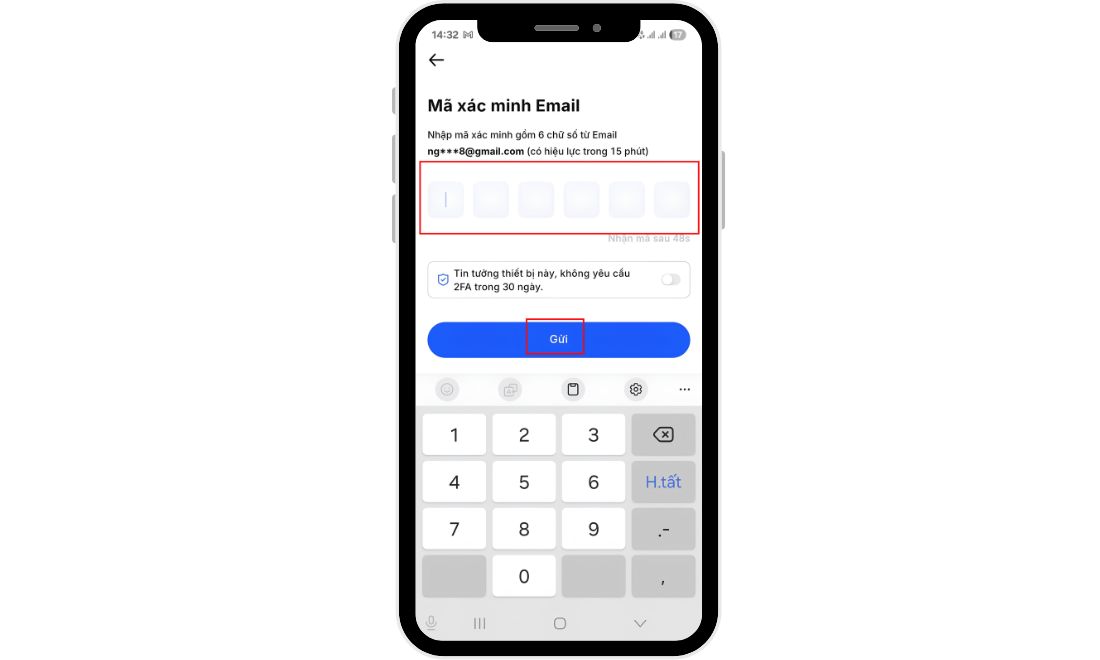 Điền mã xác minh được gửi về email 