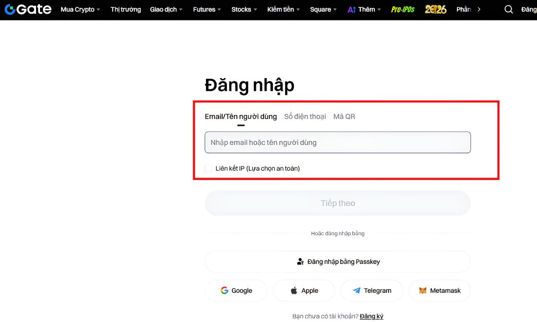 Trước tiên cần truy cập vào website của sàn gate và đăng nhập vào tài khoản của bạn 