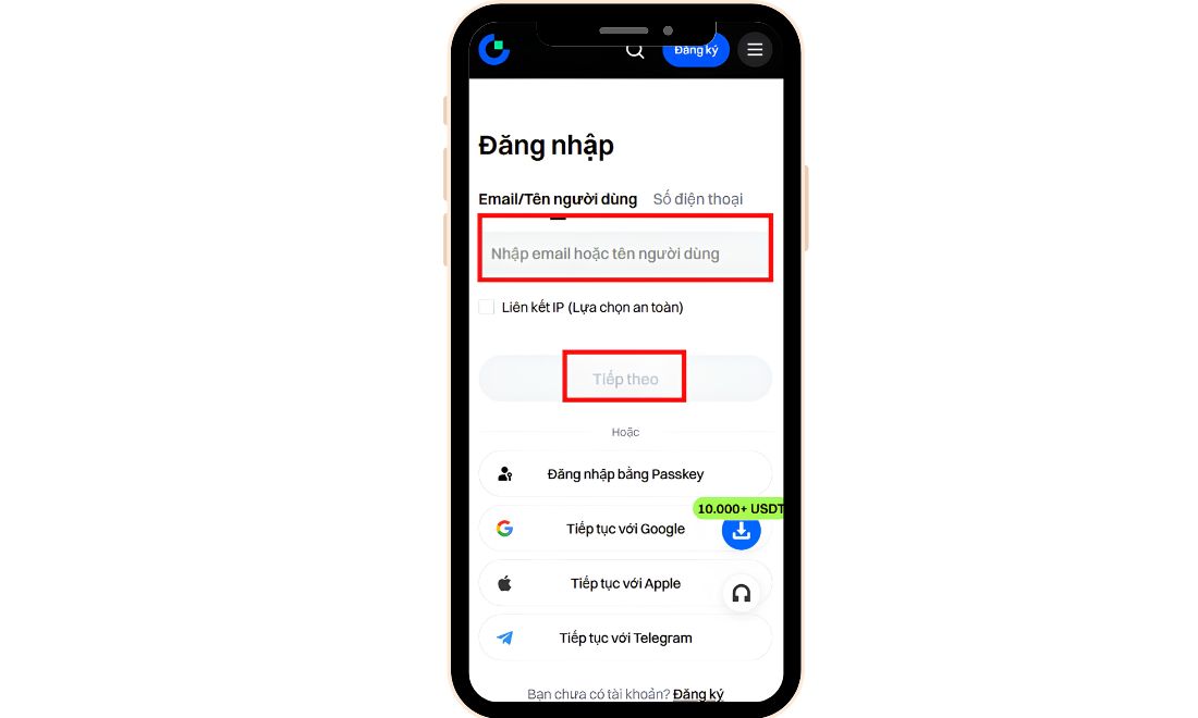 Điền email hoặc số điện thoại để đăng nhập tài khoản gate.io trên app 
