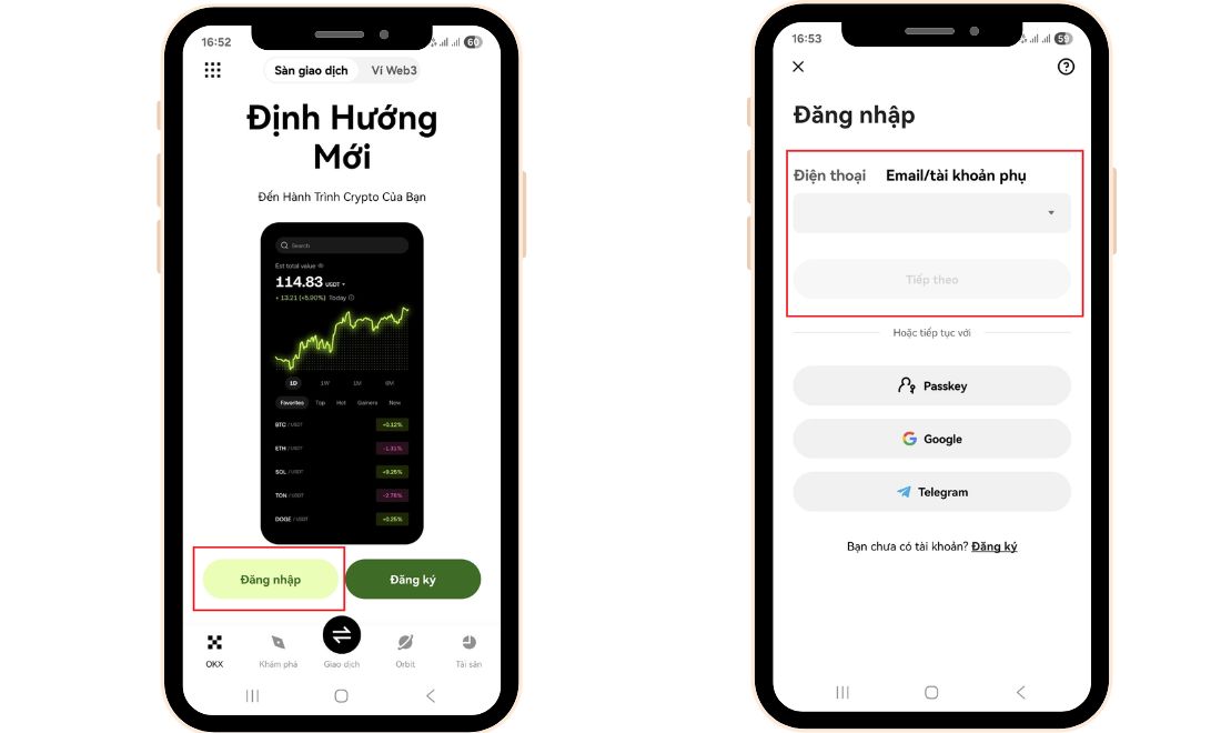 Vào app OKX trên điện thoại và tiến hành đăng nhập vào tài khoản OKX đã tạo thành công trước đó 