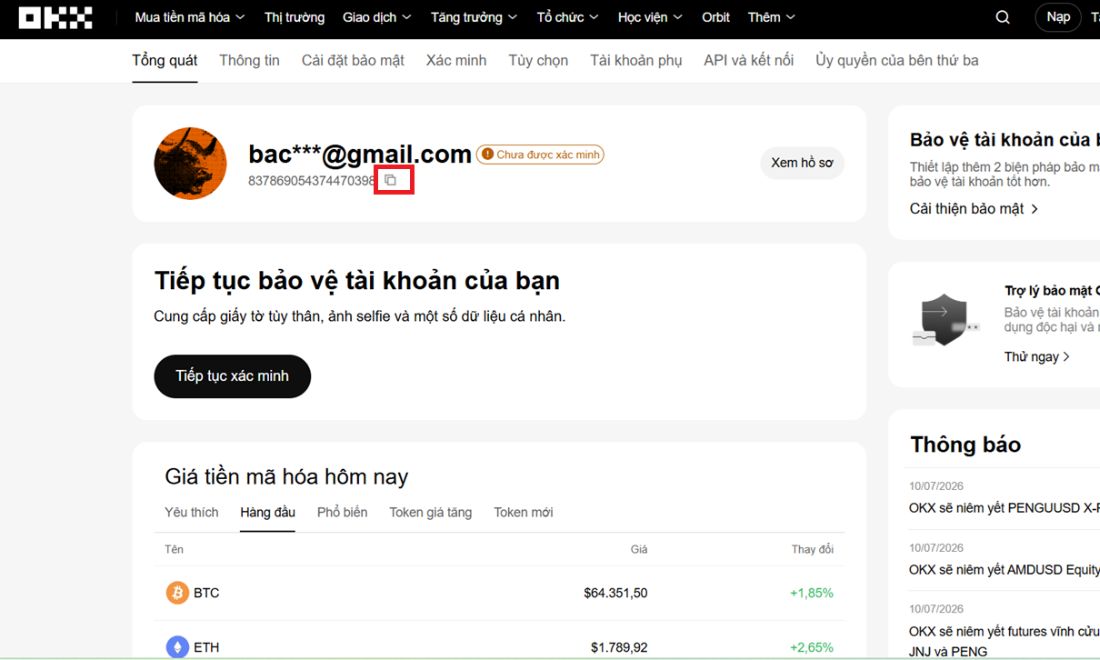 Nhấn vào biểu tượng sao chép để sao chép mã UID OKX 