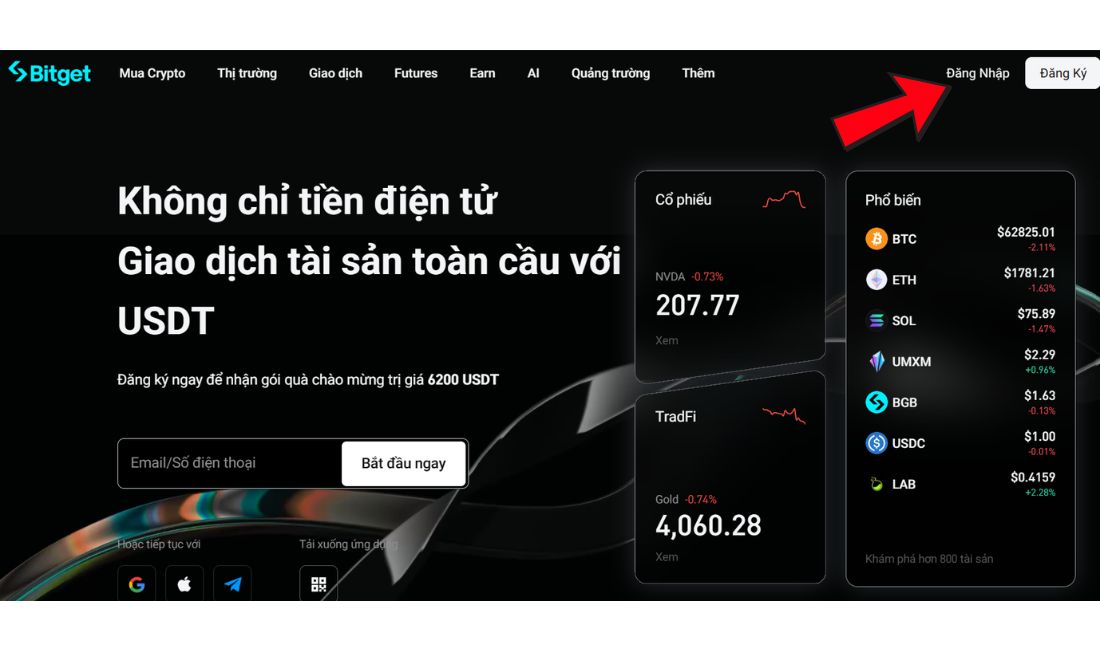 Trước tiên cần đăng nhập vào tài khoản Bitget qua website 