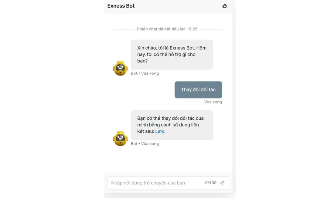 Chat với bot hỗ trợ của sàn Exness để được yêu cầu đổi đối tác exness