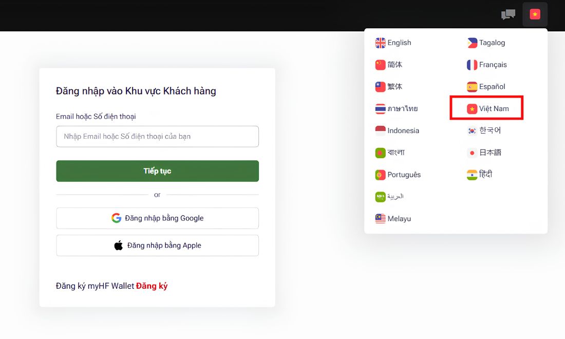 Chọn quốc gia Việt Nam để ngôn ngữ trên website HFM chuyển sang tiếng Việt 