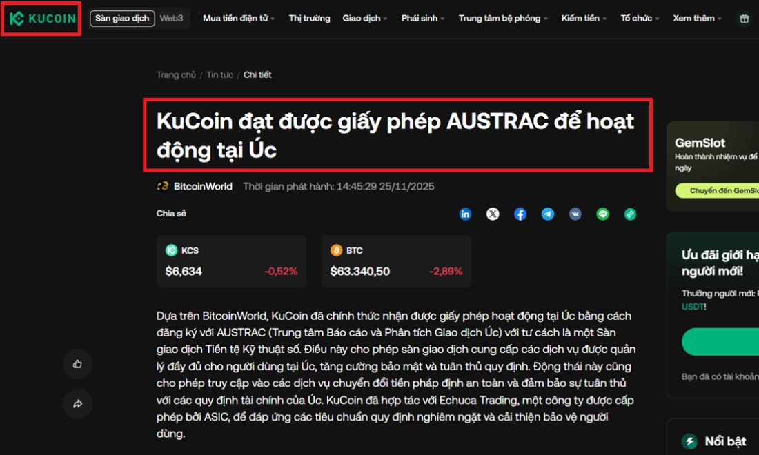 Kucoin hiện đã được cấp giấy chứng nhận AUSTRAC và được phép hoạt động hợp pháp tại Úc 