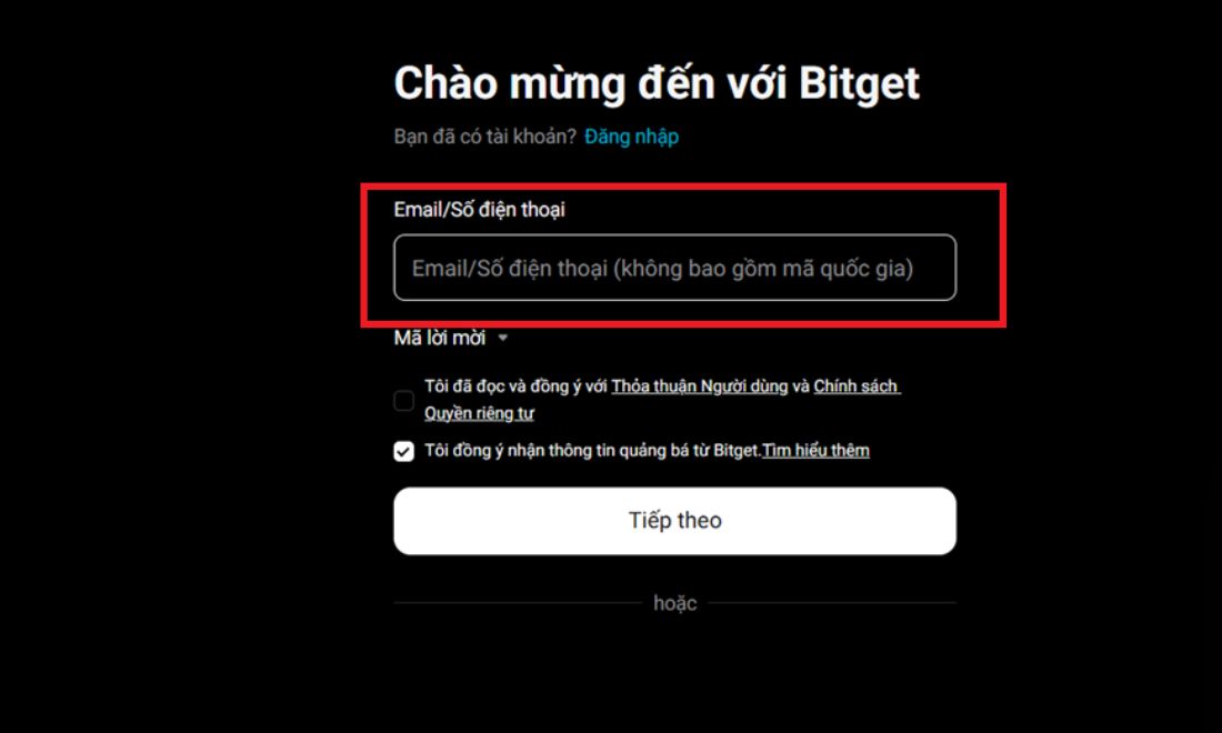 Điền email hoặc số điện thoại chính chủ để tạo lập tài khoản Bitget 