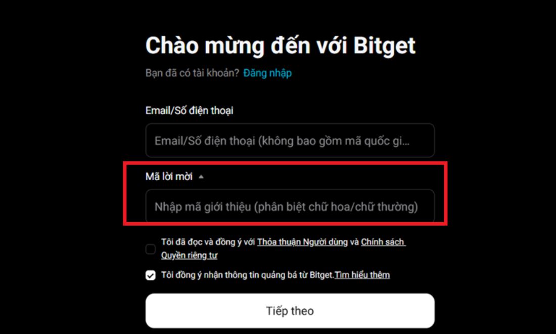 Điền mã đối tác để sau này giao dịch sẽ đươc nhận lại một phần tiền phí 