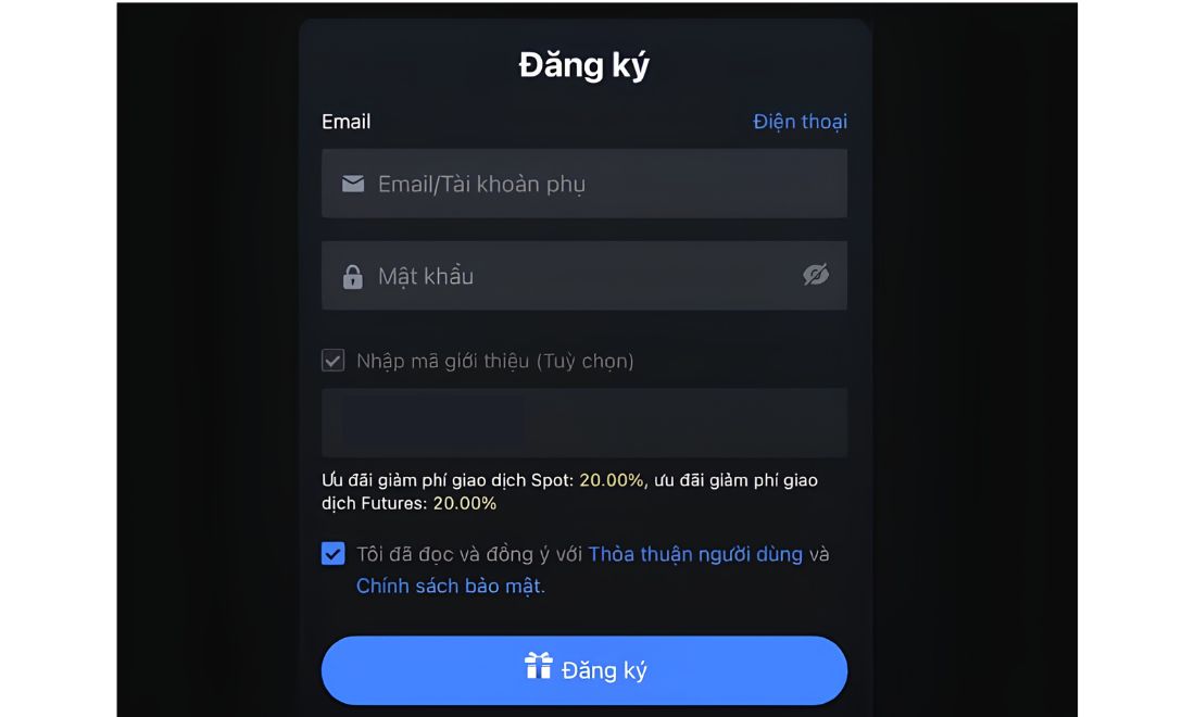 Điền mã giới thiệu vào ô này để nhận hoàn phí giao dịch sau này
