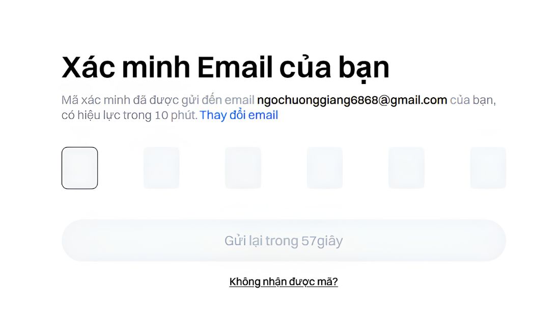 Điền mã xác minh được gửi về email hoặc số điện thoại vừa điền ở trên 