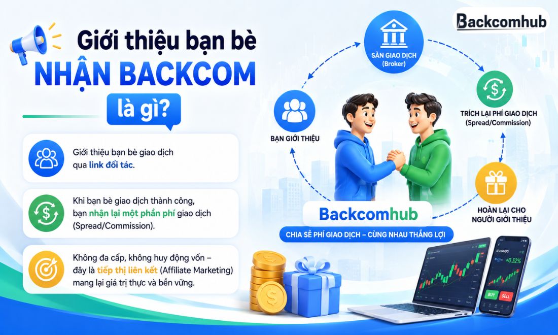 Giới thiệu bạn bè của mình nhận backcom chương trình hoàn phí giao dịch, trong đó người giới thiệu nhận hoa hồng hoặc tiền hoàn phí khi bạn bè đăng ký và phát sinh giao dịch thành công.