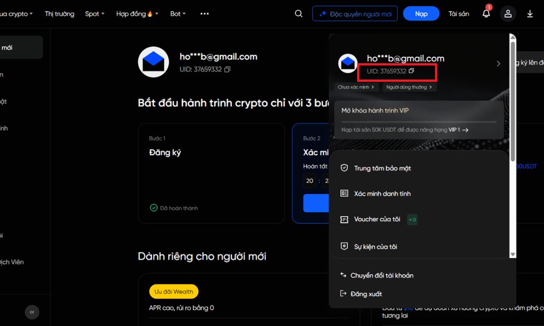 Mã UID được hiển thị dưới địa chỉ gmail mà bạn dùng để tạo tài khoản BingX trước đó 
