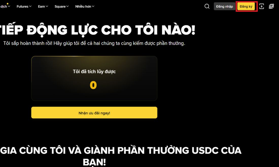 Nút "Đăng ký" nằm ở góc trên cùng bên phải màn hình