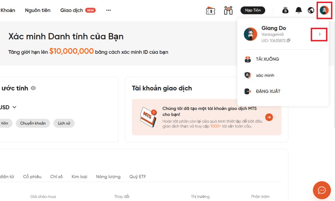 Nhấn vào mũi tên