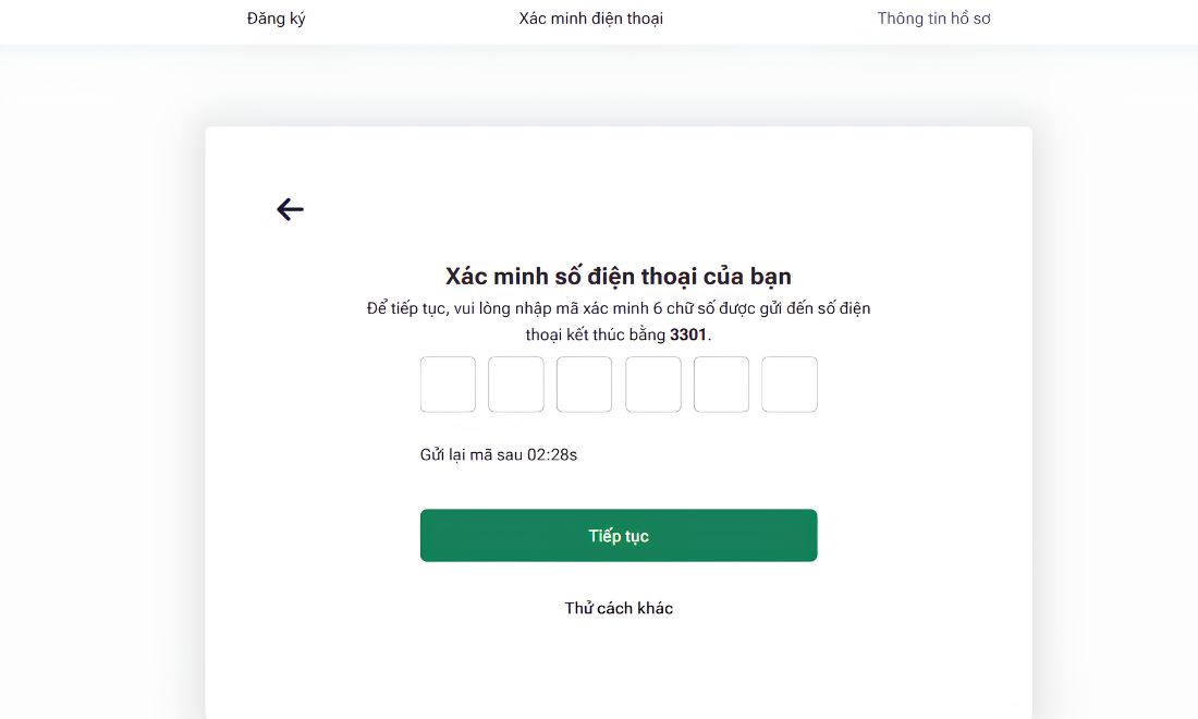 Điền mã xác minh vừa được gửi về 