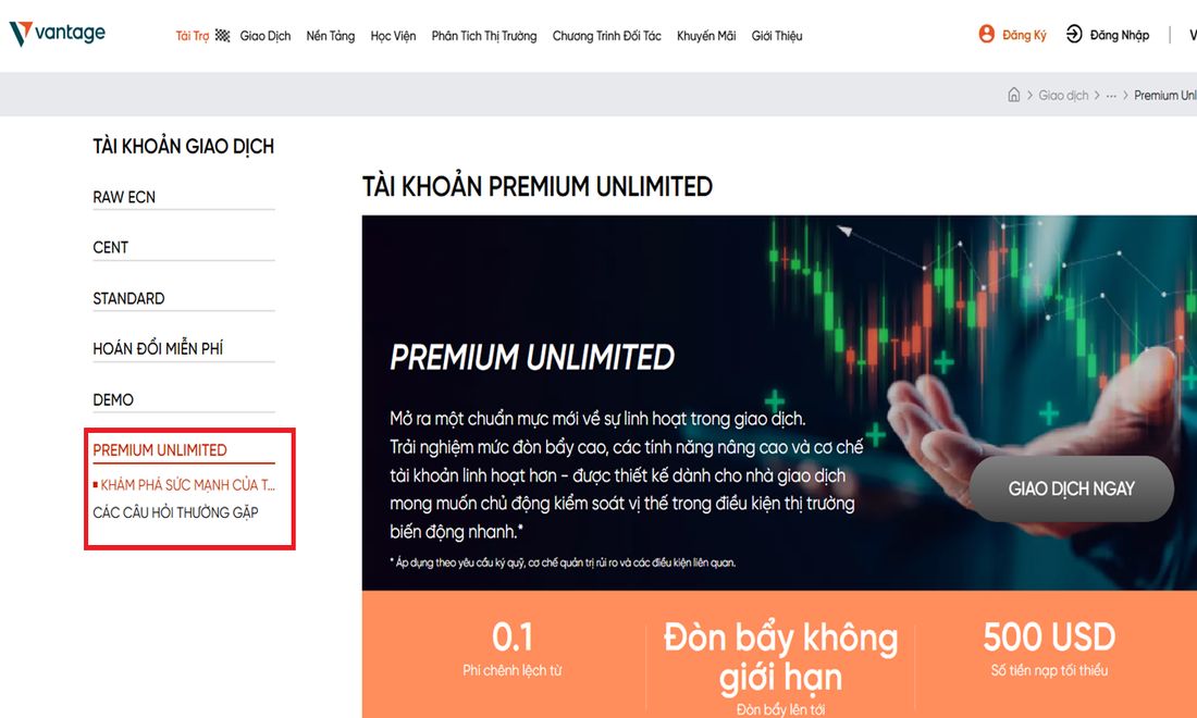 Premium Unlimited là loại tài khoản cao cấp nhất trên sàn Vantage hiện nay 