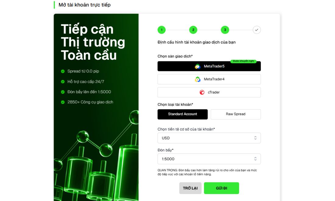 Chọn sàn giao dịch, loại tài khoản, đồng tiền cơ sở, đòn bẩy
