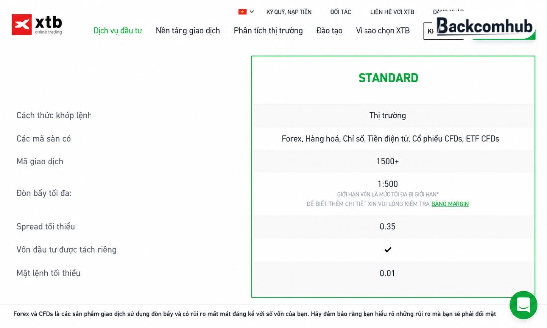 Thông tin chi tiết về tài khoản duy nhất trên XTB: Tài khoản Standard. 