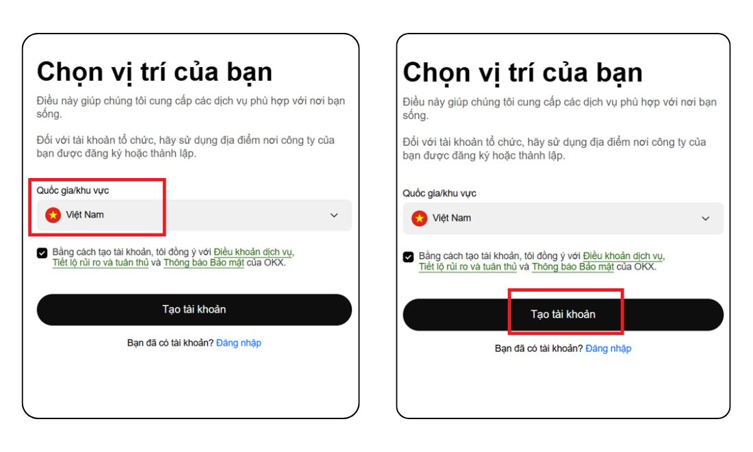 Truy cập vào trang đăng ký tài khoản OKX sau đó chọn quốc gia là Việt Nam