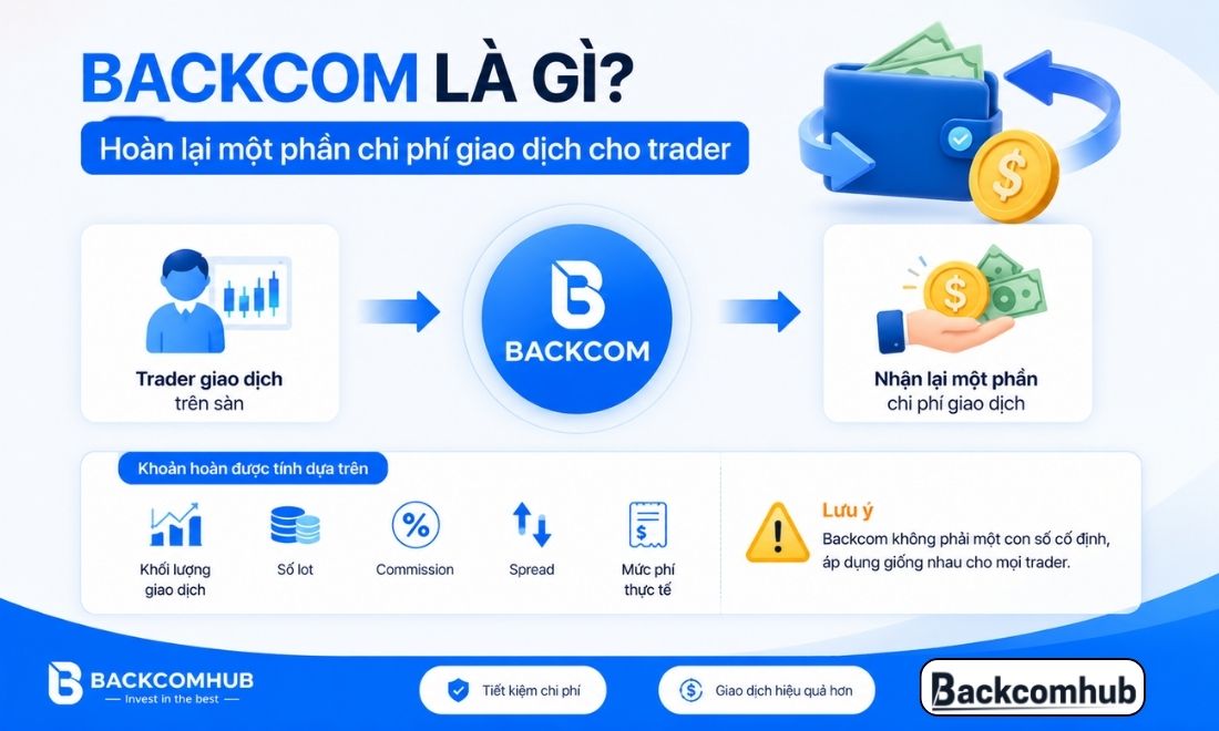 Backcom là cách gọi khác của rebate hay cashback và là chương trình giúp trader nhận lại một phần phí giao dịch mà sàn thu khi phát sinh lệnh trên sàn