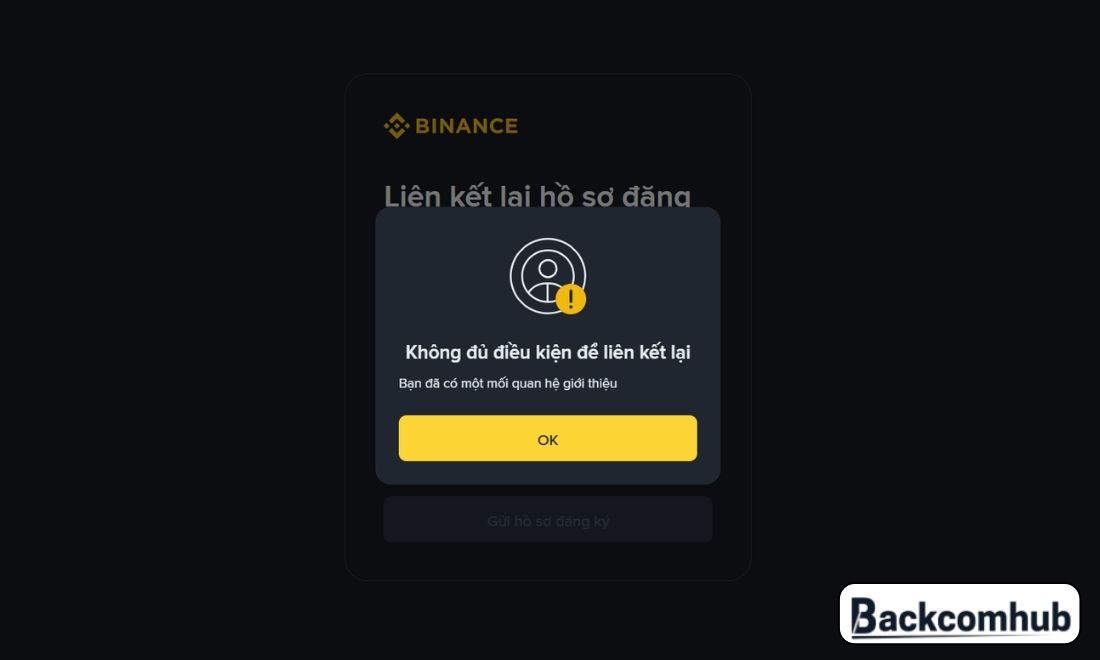 Thông báo của Binance khi tài khoản của bạn không đủ điều kiện để tham gia chương trình bổ sung ref của IB 