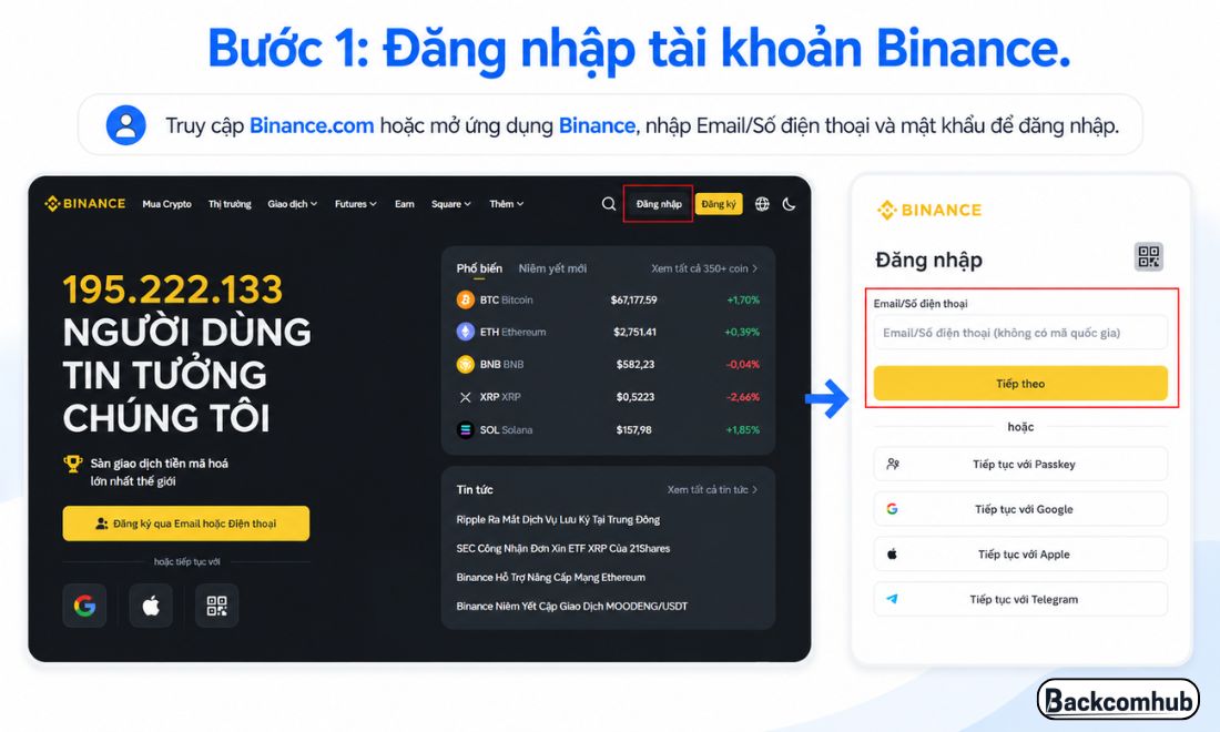 Để đặt lệnh mua bán coin trên sàn Binance, trước tiên coin thủ cân đăng nhập vào tài khoản đã tạo trước đó 
