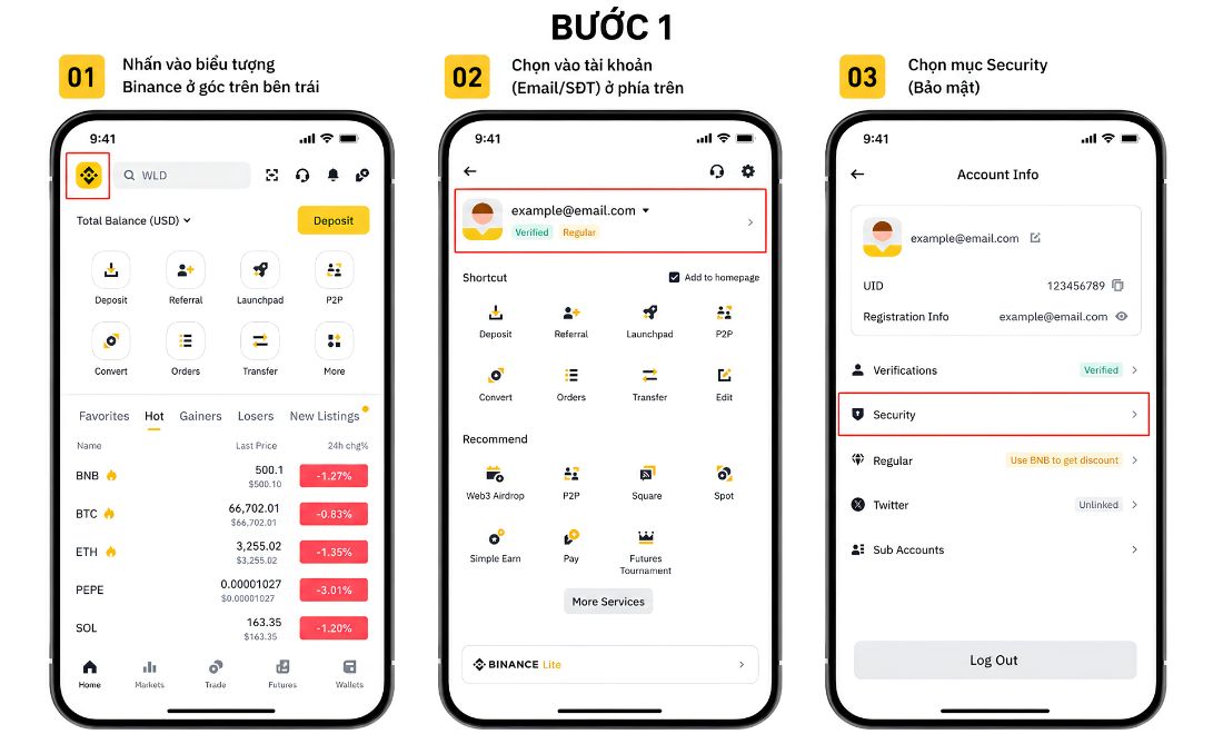 Mở Trung tâm tài khoản và đi tới phần Bảo mật của Binance trên điện thoại 