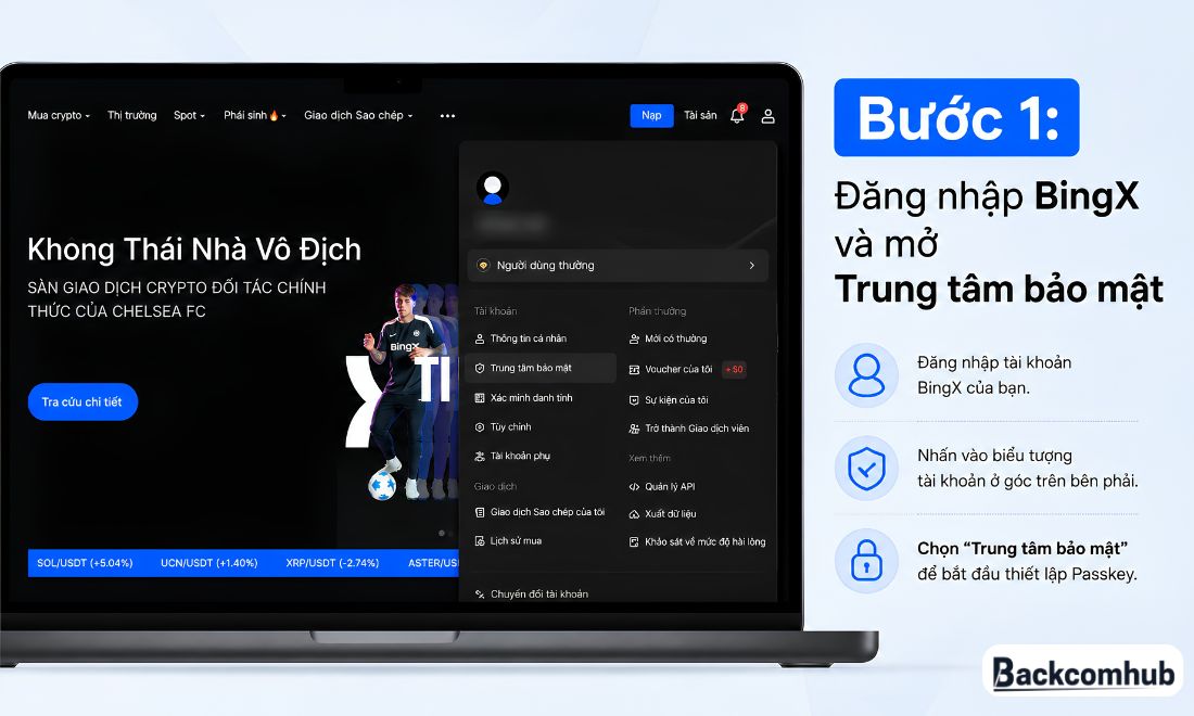 Đăng nhập BingX và mở mục trung tâm bảo mật trên website của Bing X