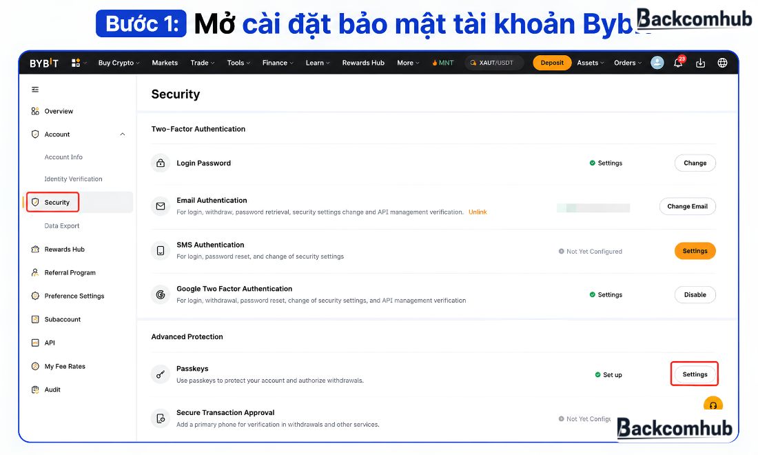 Để thêm mã passkey bybit, trước tiên cần mở cài đặt bảo mật tài khoản Bybit