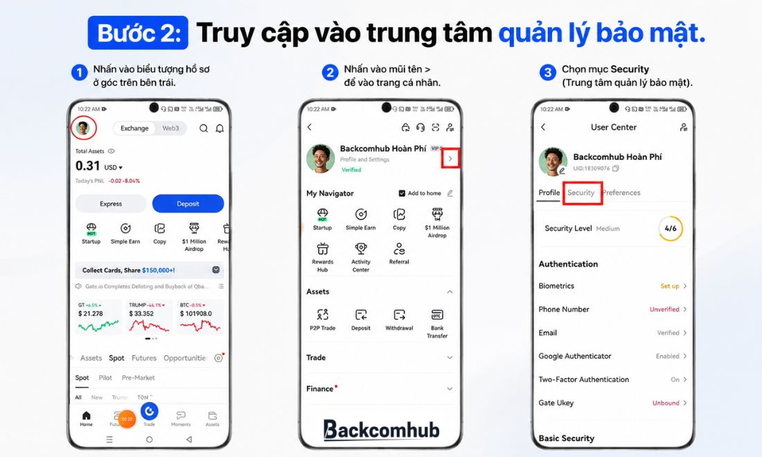 Truy cập vào trung tâm quản lý bảo mật trên app sàn Gate 