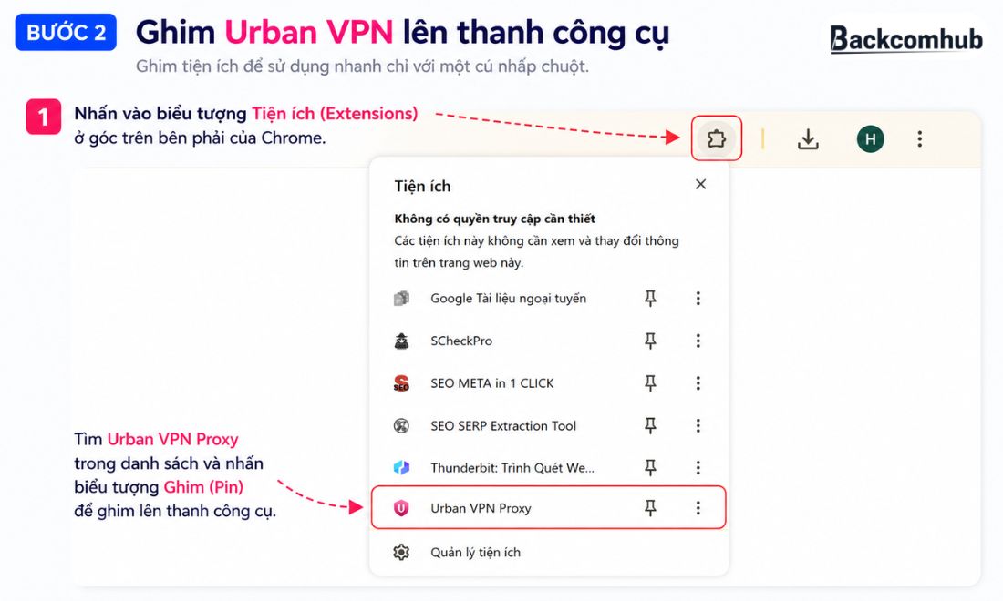 Tiếp theo, ghim Urban VPN lên thanh công cụ để sử dụng nhanh