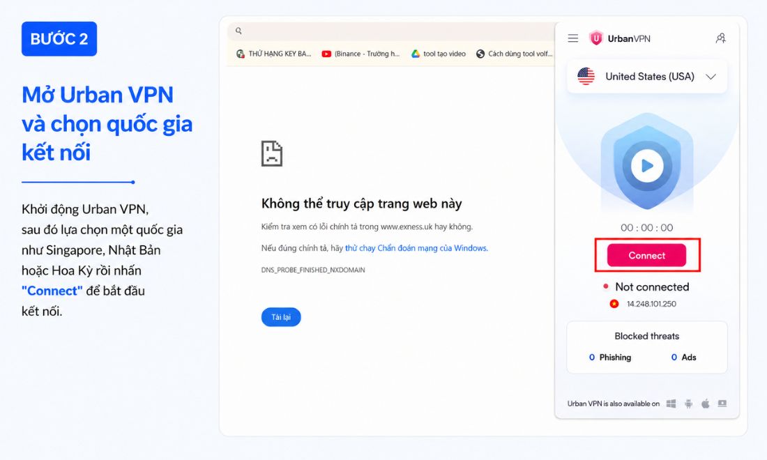 Mở Urban VPN và chọn quốc gia kết nối