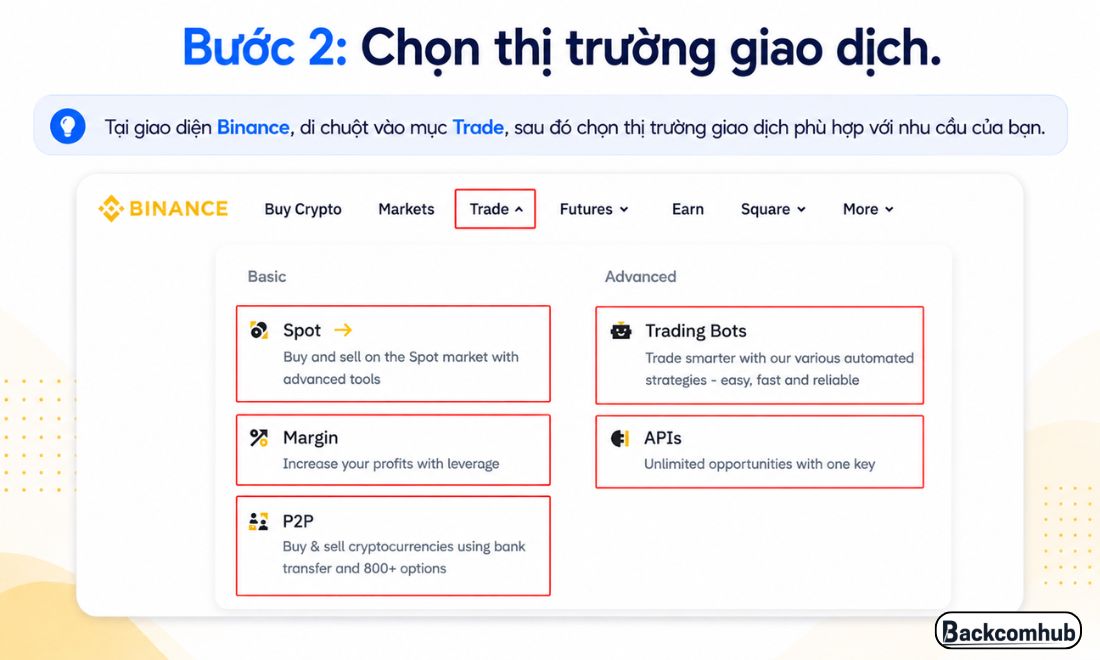 Chọn thị trường giao dịch mà bạn muốn trên sàn Binance 