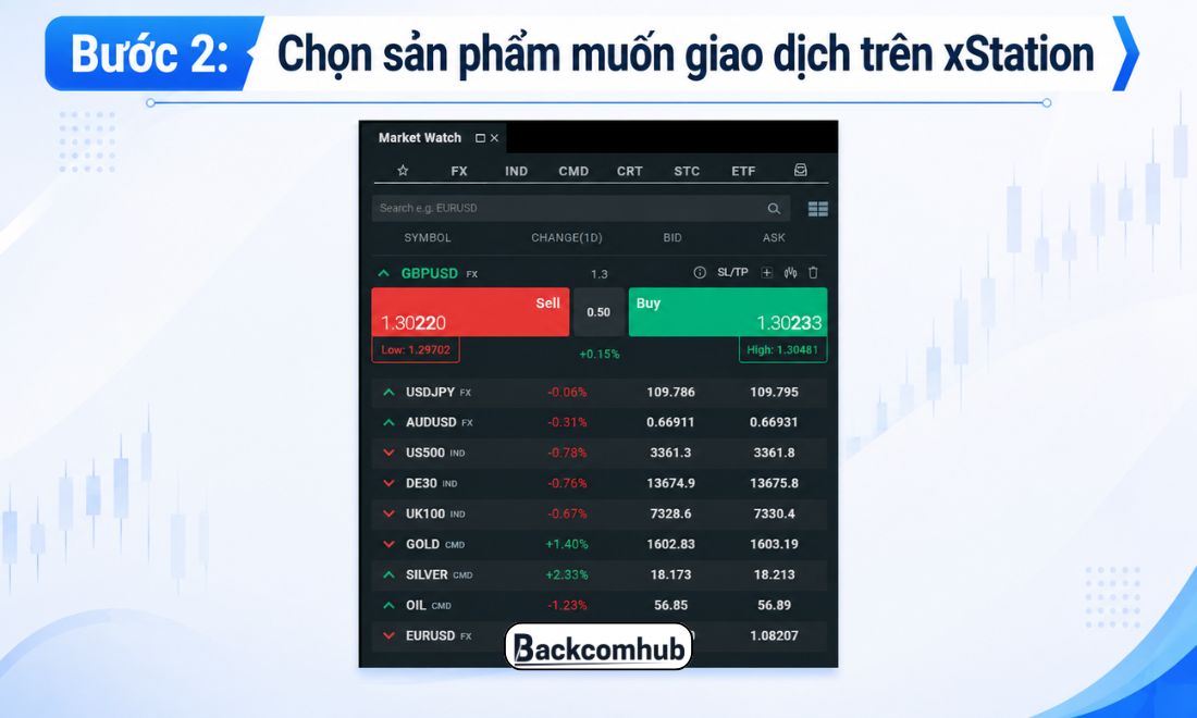 Tiếp theo, chọn cặp sản phẩm muốn giao dịch 