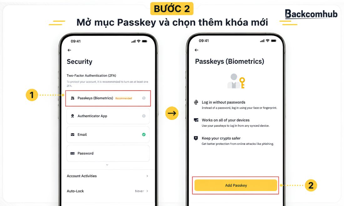 Mở mục Passkey và chọn thêm khóa mới trên app Binance 