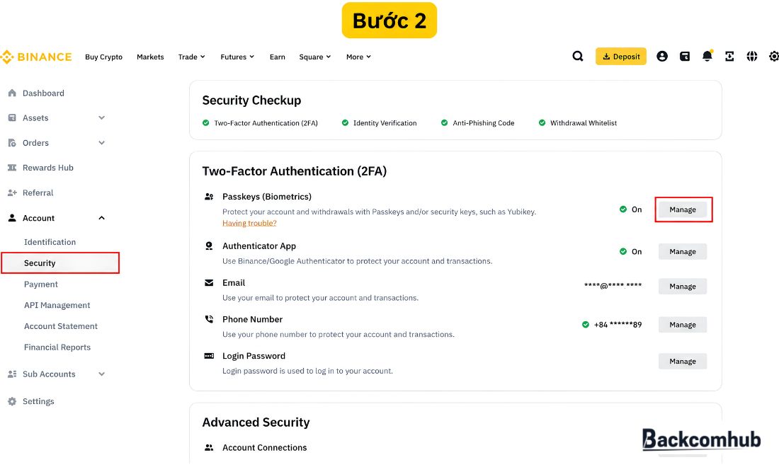 Truy cập khu vực bảo mật trên Binance bằng máy tính 