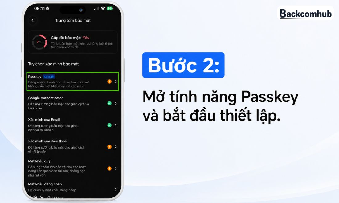 Mở tính năng Passkey trên app của BingX và bắt đầu thiết lập 