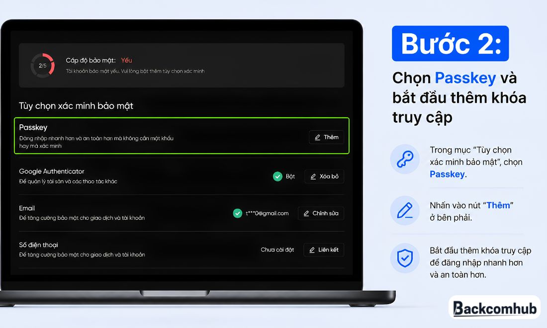 Nhấn vào mục "Thêm passkey" trên máy tính 