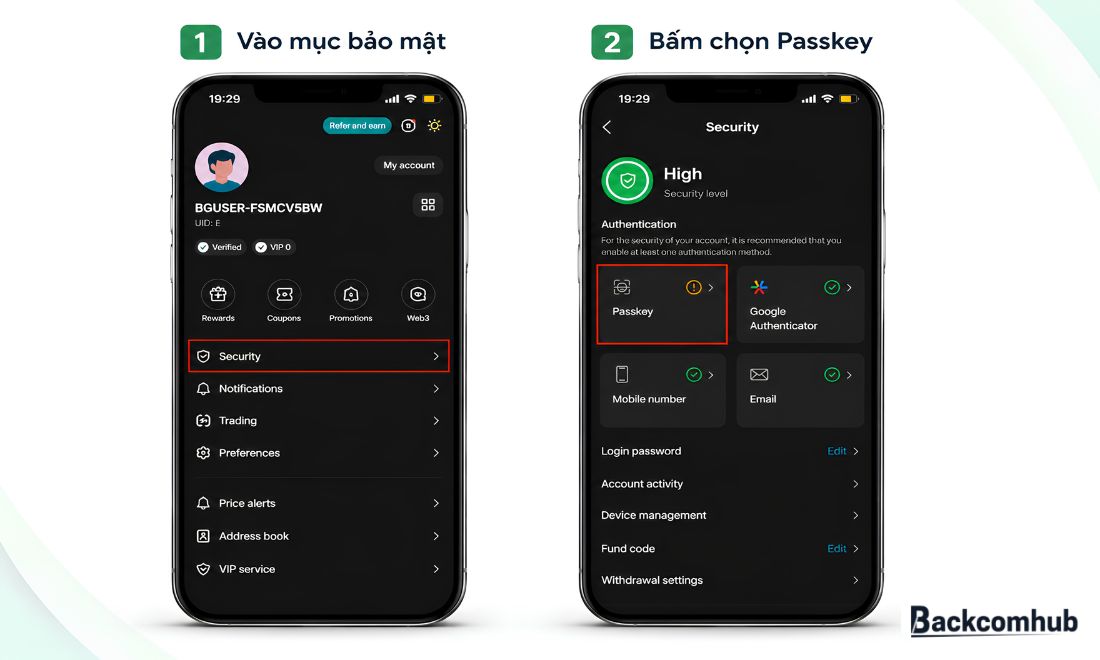 Vào mục bảo mật và bấm chọn mục passkey 