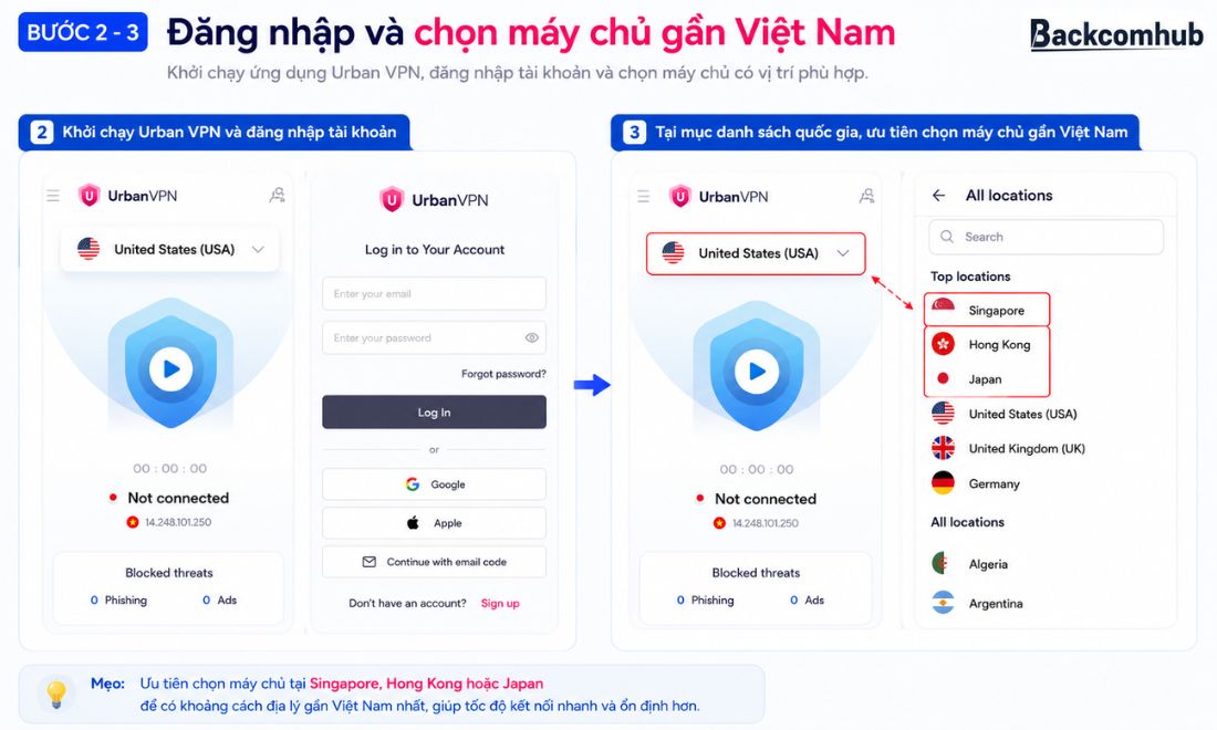 Mở phần mềm VPN và chọn quốc gia muốn đổi IP từ Việt Nam sang 