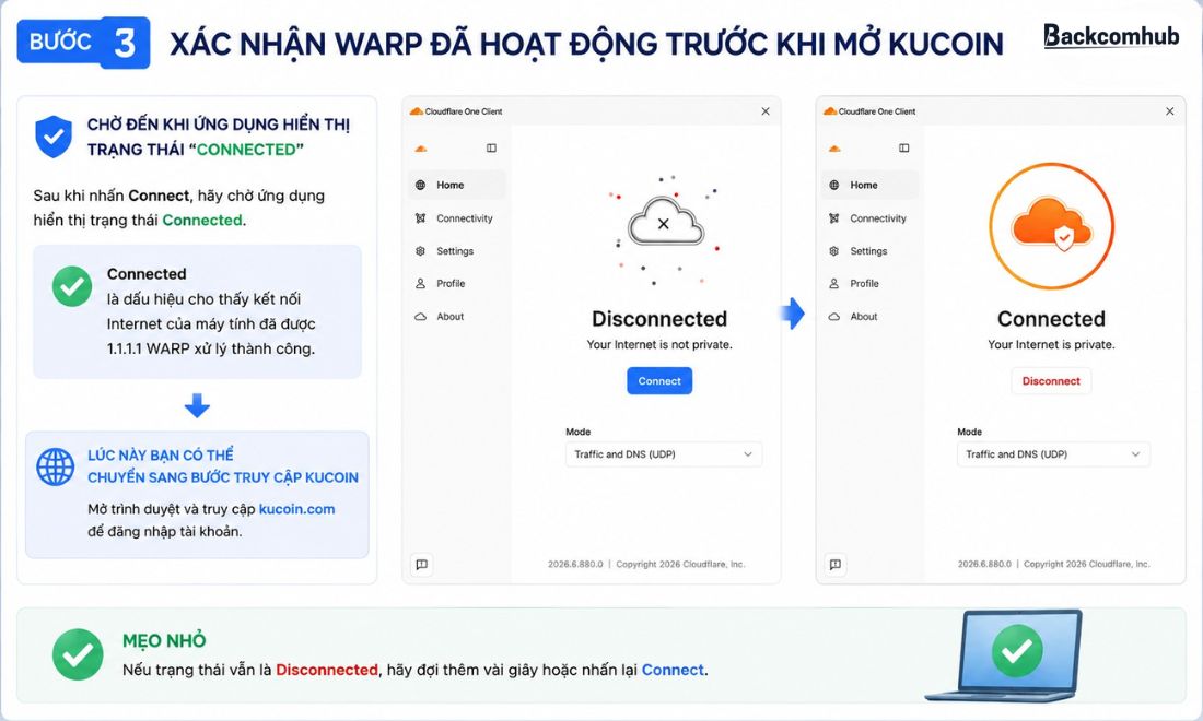 Xác nhận WARP đã hoạt động trước khi mở KuCoin