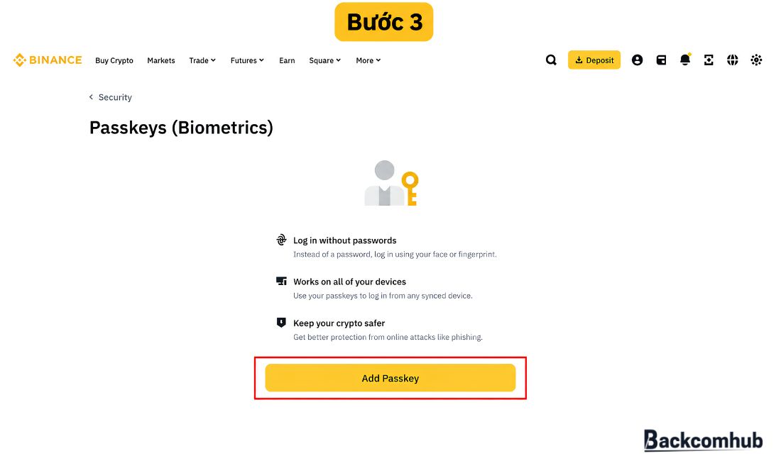 Bắt đầu thêm Passkey mới cho tài khoản Binance trên máy tính 