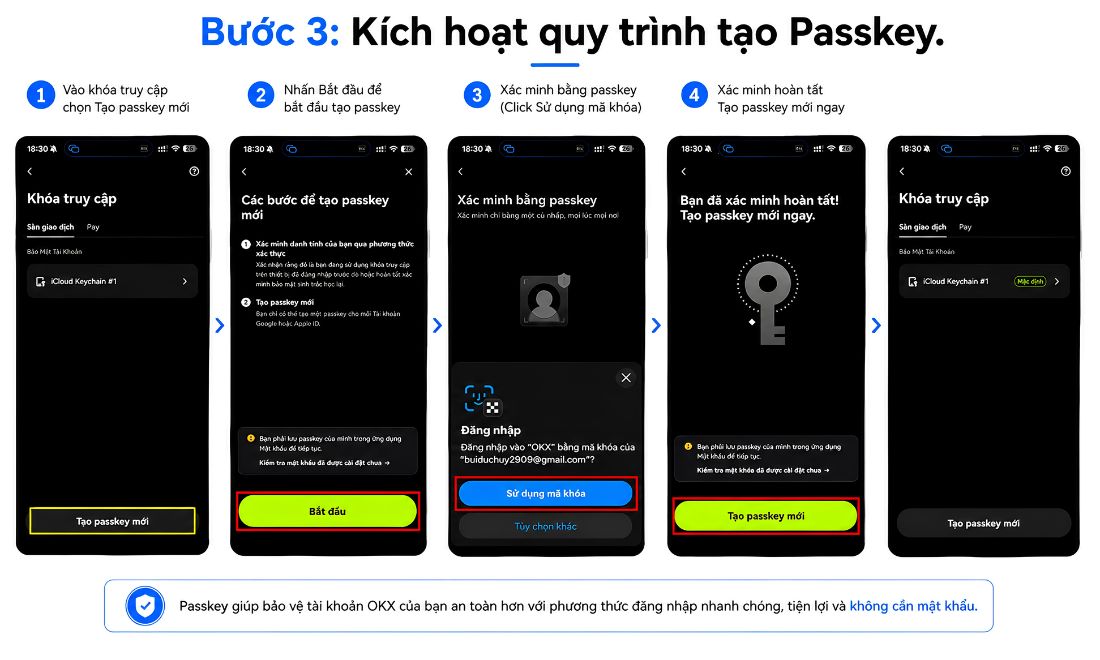 Tiến hành kích hoạt quy trình tạo passkey trên okx 
