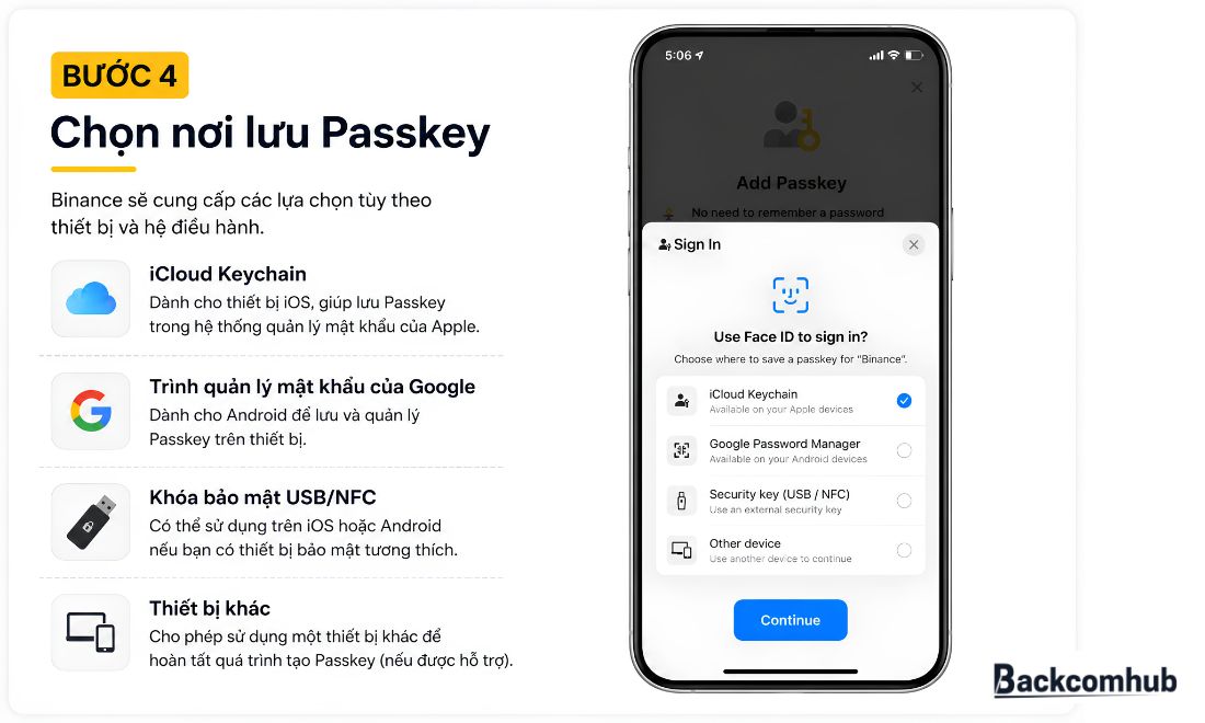 Chọn nơi lưu Passkey của Binance bằng điện thoại 