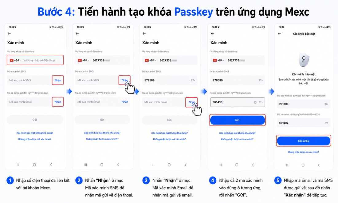 Bước 4: Nhập mã xác minh và bắt đầu tạo Passkey trên MEXC